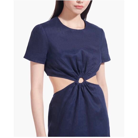 Staud Epona Sheath Dress Large Ring Detail Short Sleeve Cutout Linen Mini Navy L - Picture 2 of 16